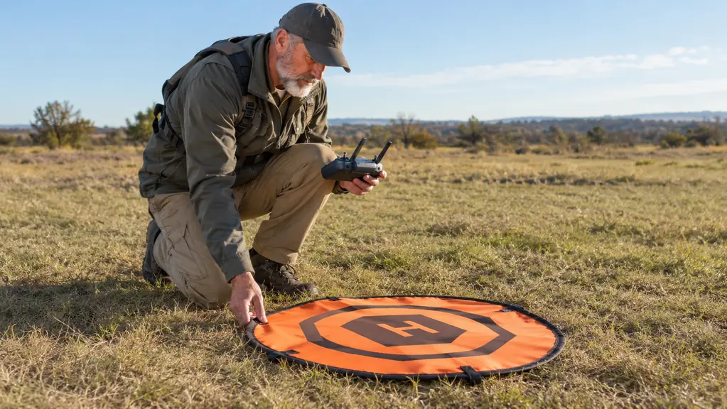 a pilot kneeling to set up a foldable landing pad on dry grass before a flight