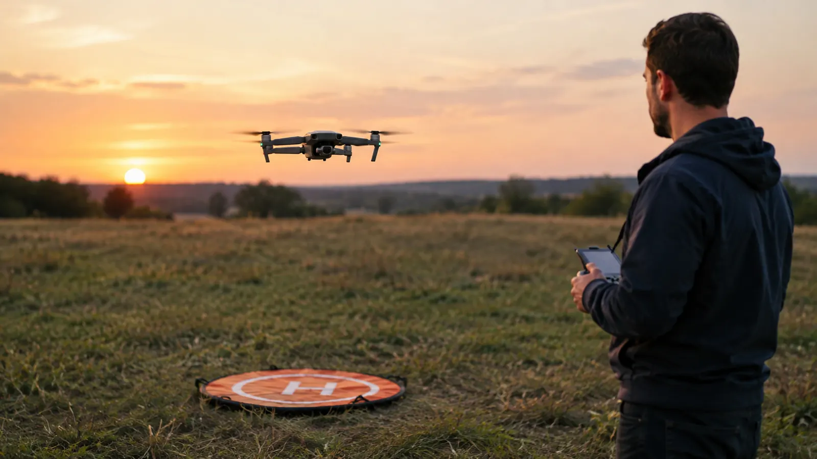 a drone hovering low over a foldable landing pad while a pilot watches from a short distance
