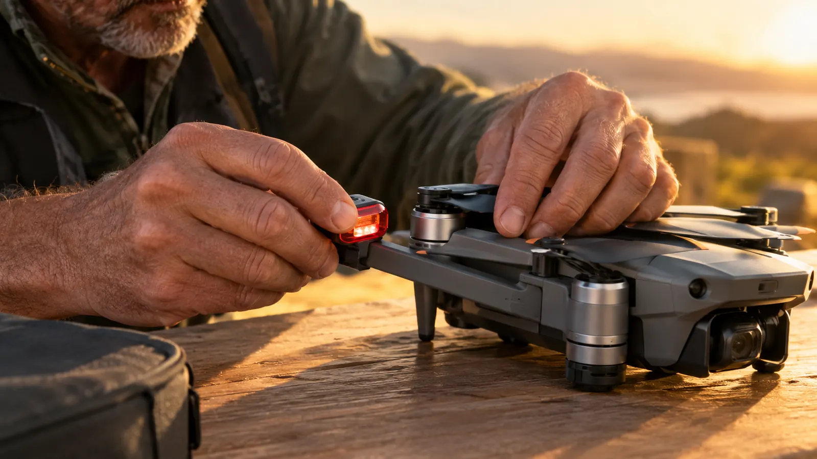 A pilot's hands attaching a small strobe light to a drone arm before a twilight flight