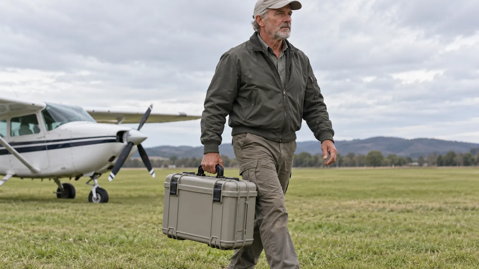 A pilot carrying a hard shell drone case by its handle across a grassy field toward a takeoff spot