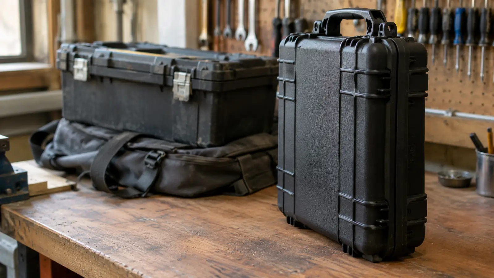 A hard shell drone case standing upright on a workbench next to a soft bag that is squashed under a toolbox