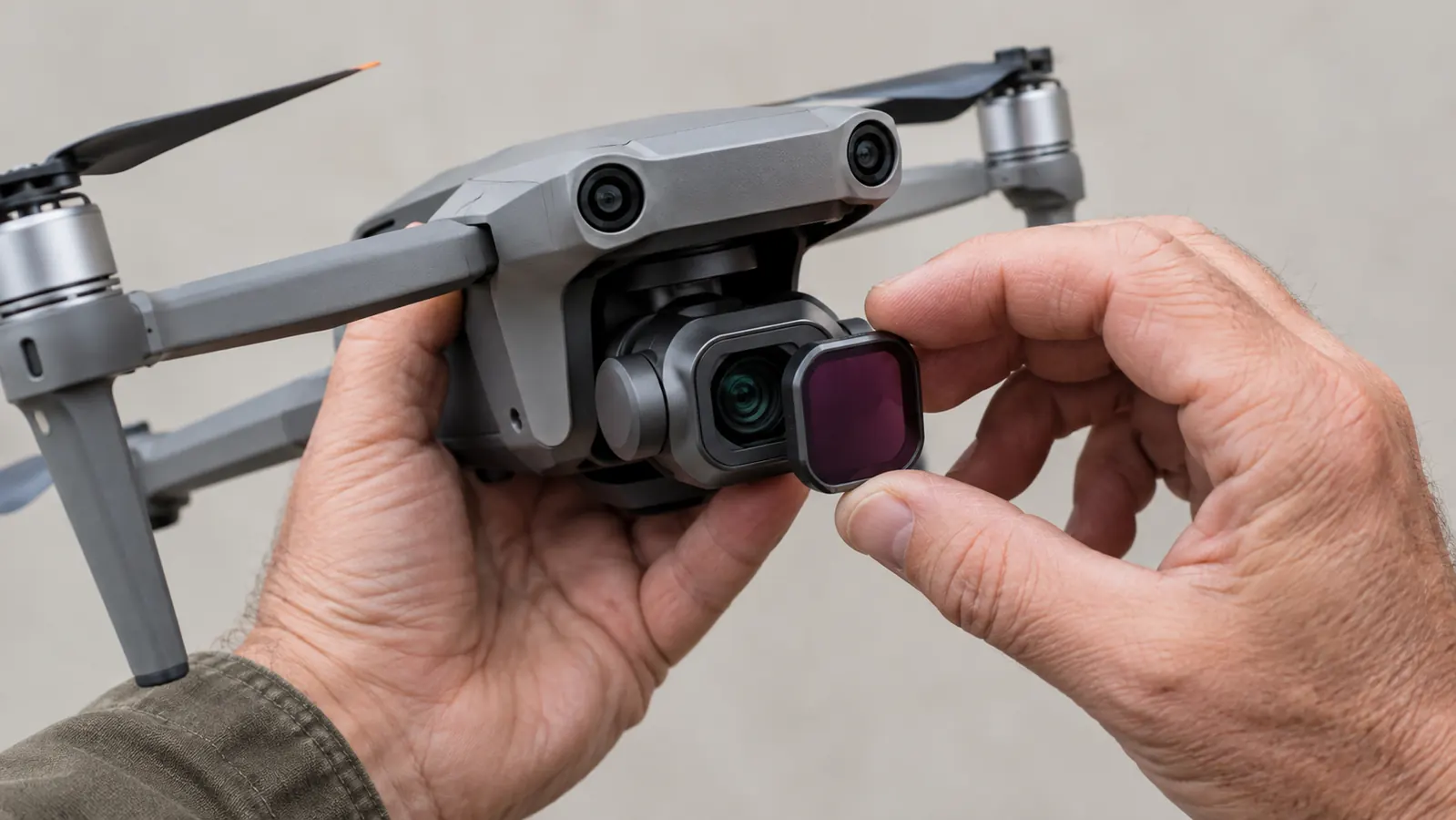 Close view of a hand attaching a filter to a drone camera lens