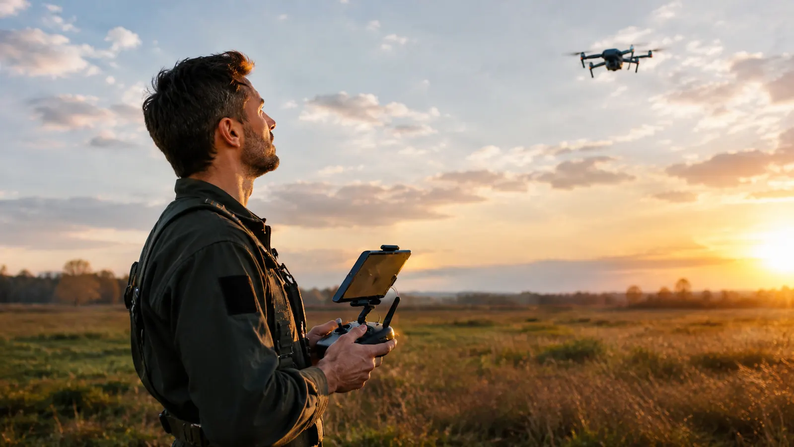 A drone pilot standing in a field holding a controller with a tablet