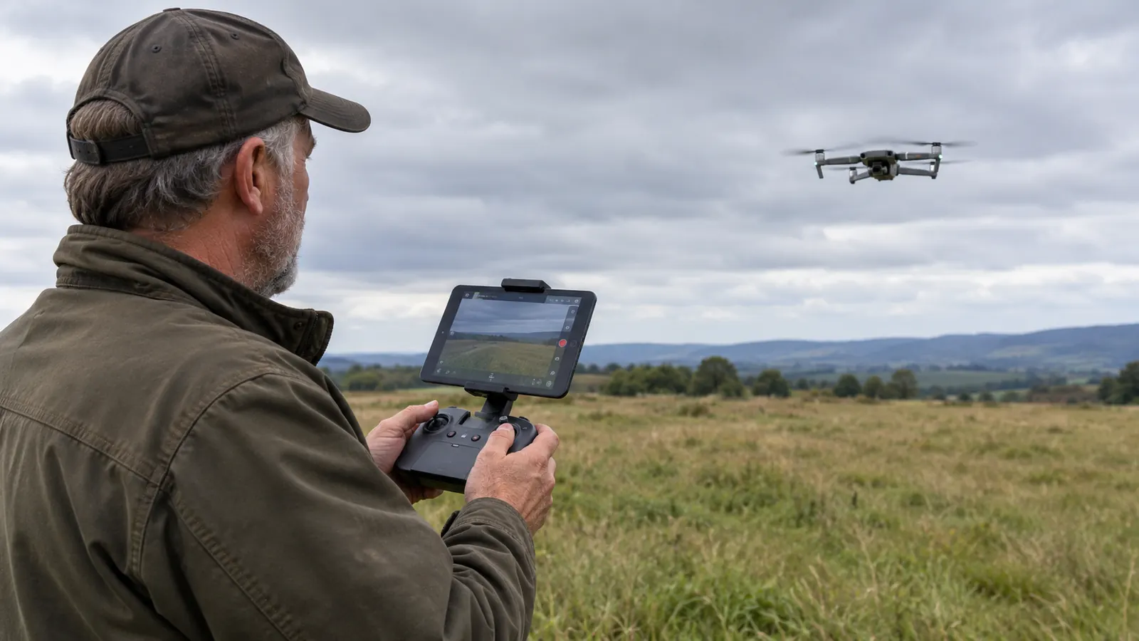 A pilot holding a controller with a tablet mounted in a holder, looking at the screen in a field