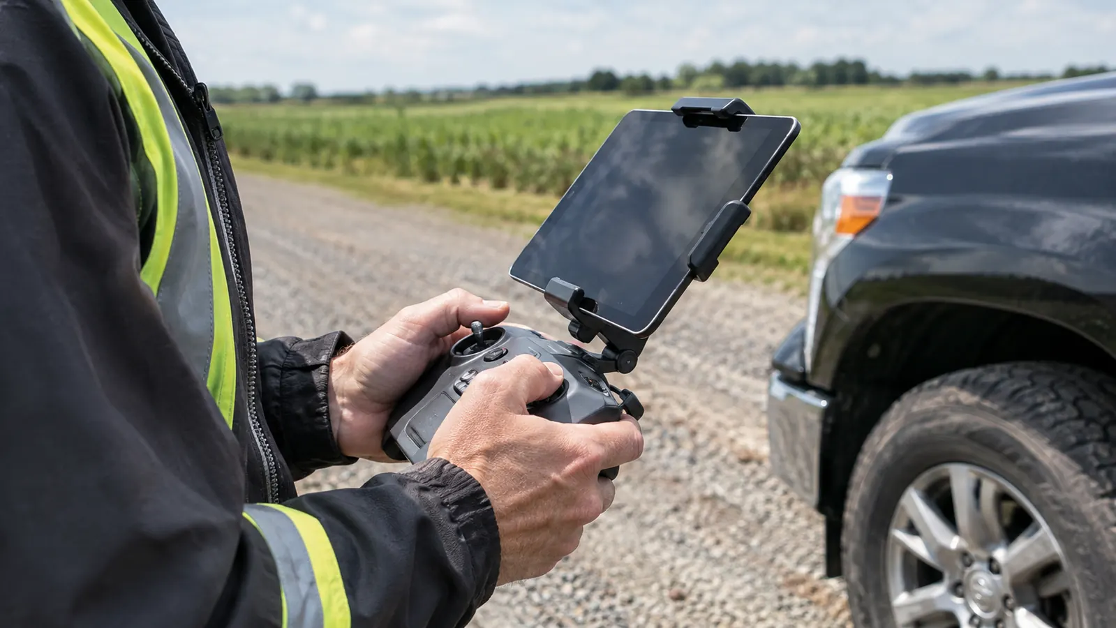 A pilot's hands holding a controller with a tablet in a mount, standing beside a truck
