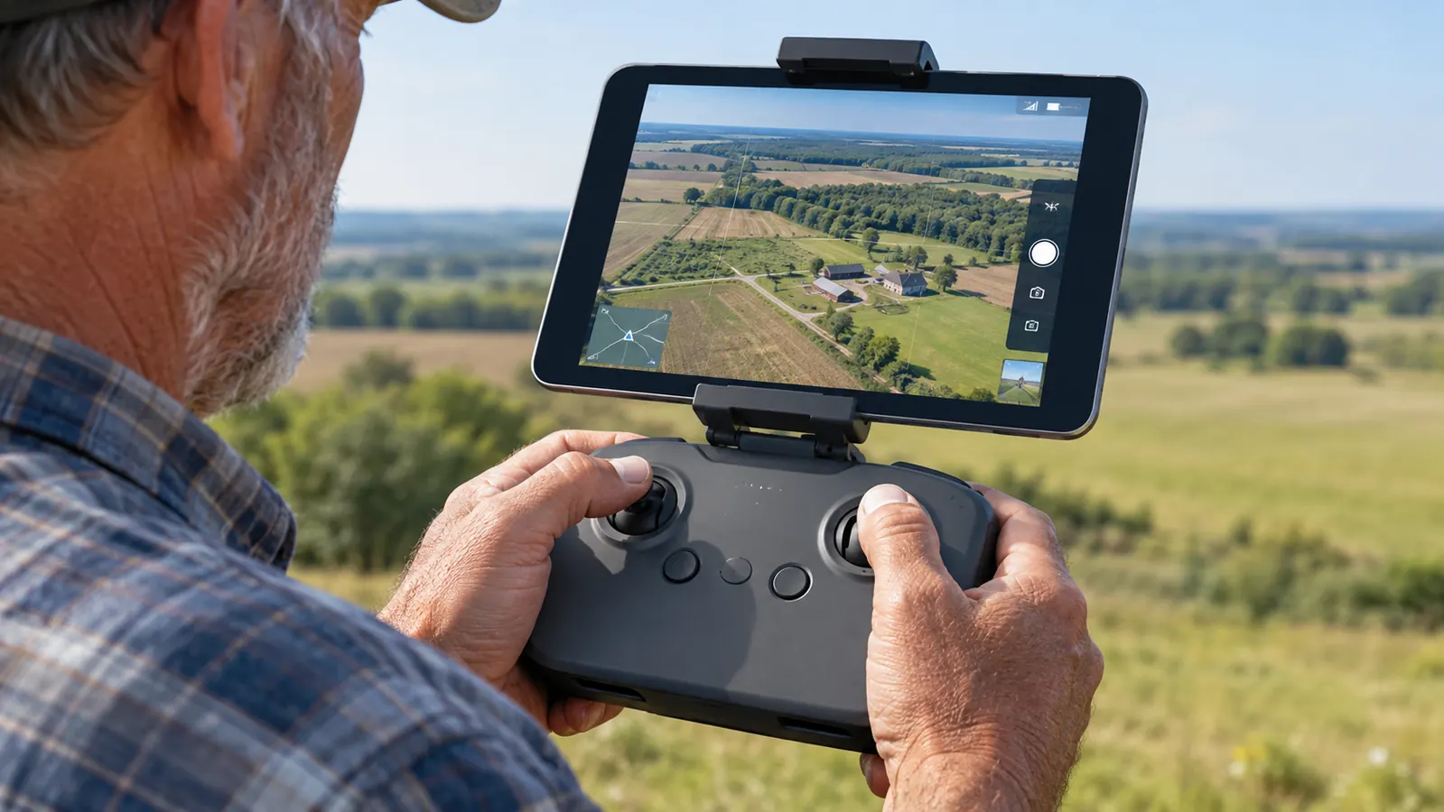 Hands holding a drone controller with a tablet holder and tablet attached, thumb on the stick, the screen showing a drone camera view of fields
