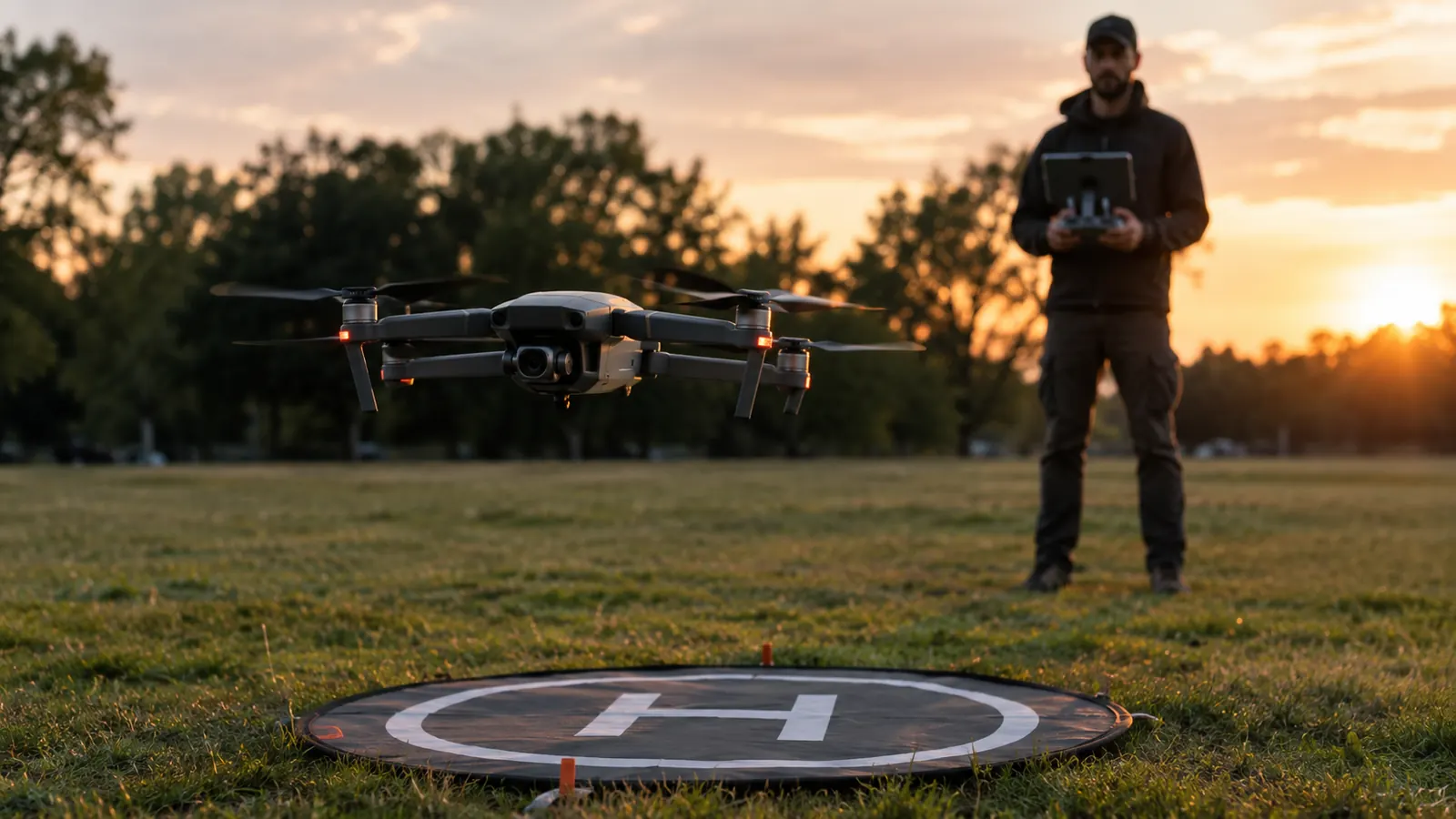 A drone landing on a landing pad in a park at dusk, a pilot in the background holding a controller with a tablet
