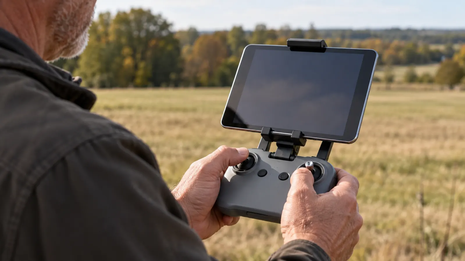 A pilot's hands holding a drone controller with a tablet clamped above the control sticks.