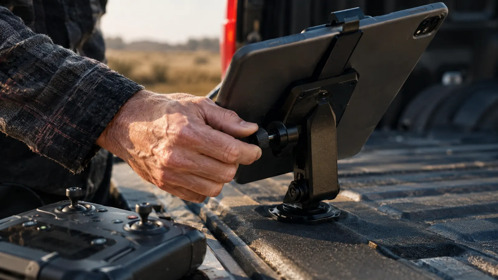 Close-up of a hand adjusting a small knob on a tablet holder attached to a drone controller.