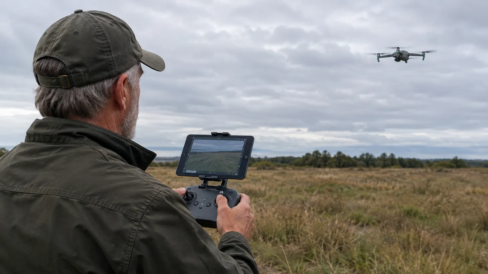 A pilot standing in a field holding a drone controller with a tablet attached, viewed from behind