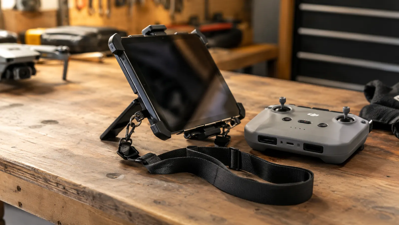 A tablet holder with a lanyard resting on a workbench next to a drone controller