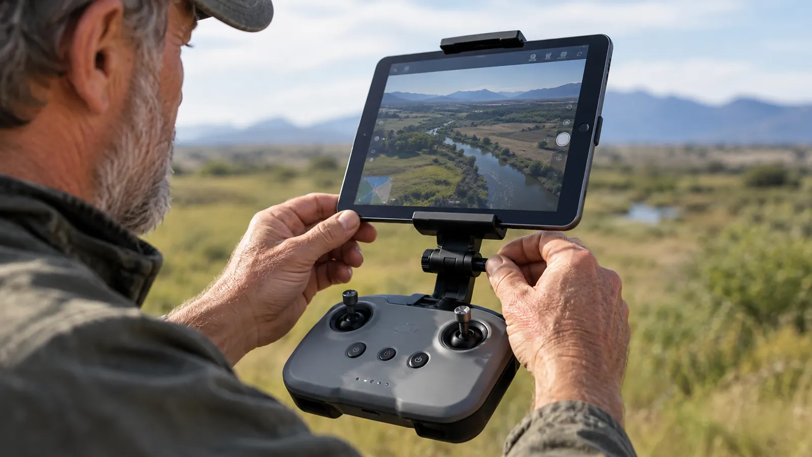 Close view of hands adjusting a tablet holder on a drone controller, the tablet showing a live camera feed.