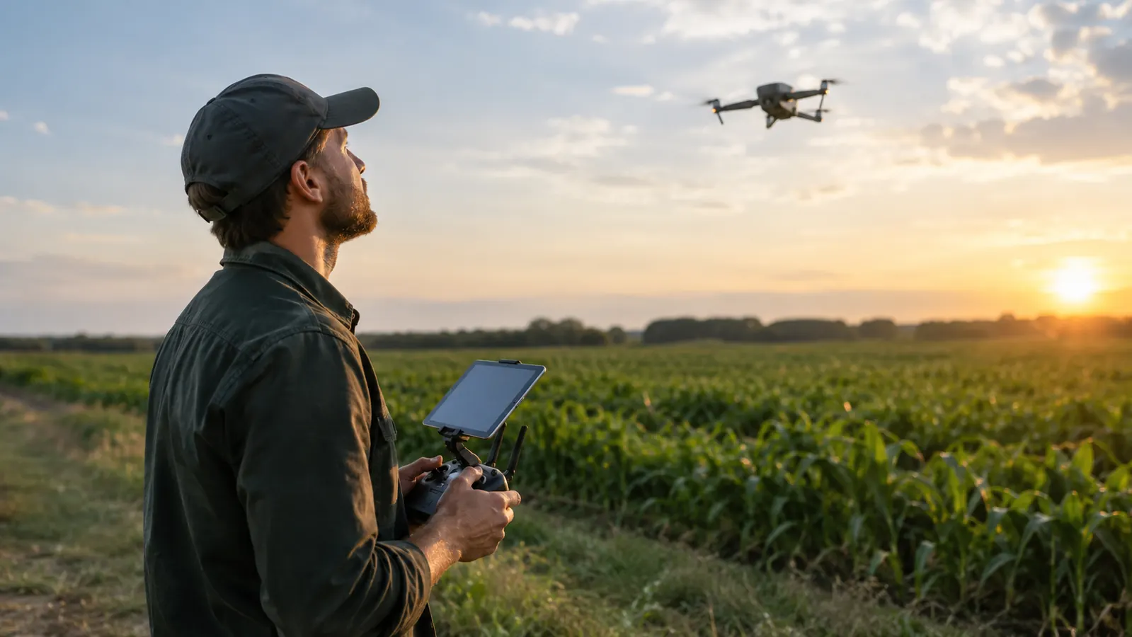A pilot stands at the edge of a farm field holding a controller with a tablet mounted, looking up at the sky.