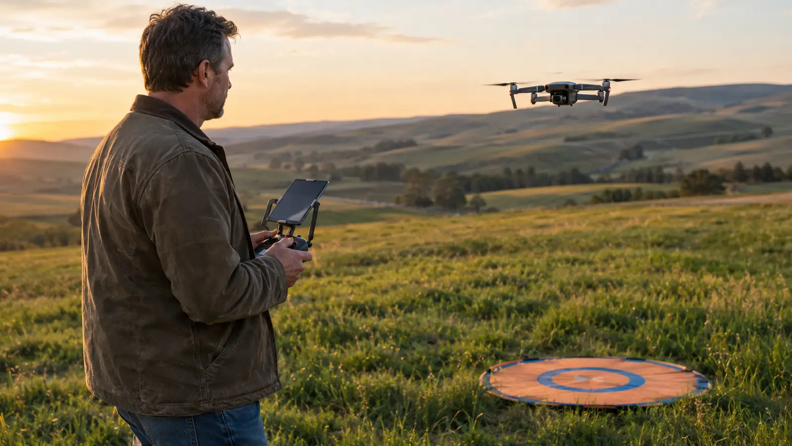 A drone pilot standing in an open field at sunset, holding a controller with a tablet mounted on it, a small folding drone hovering above a round landing pad
