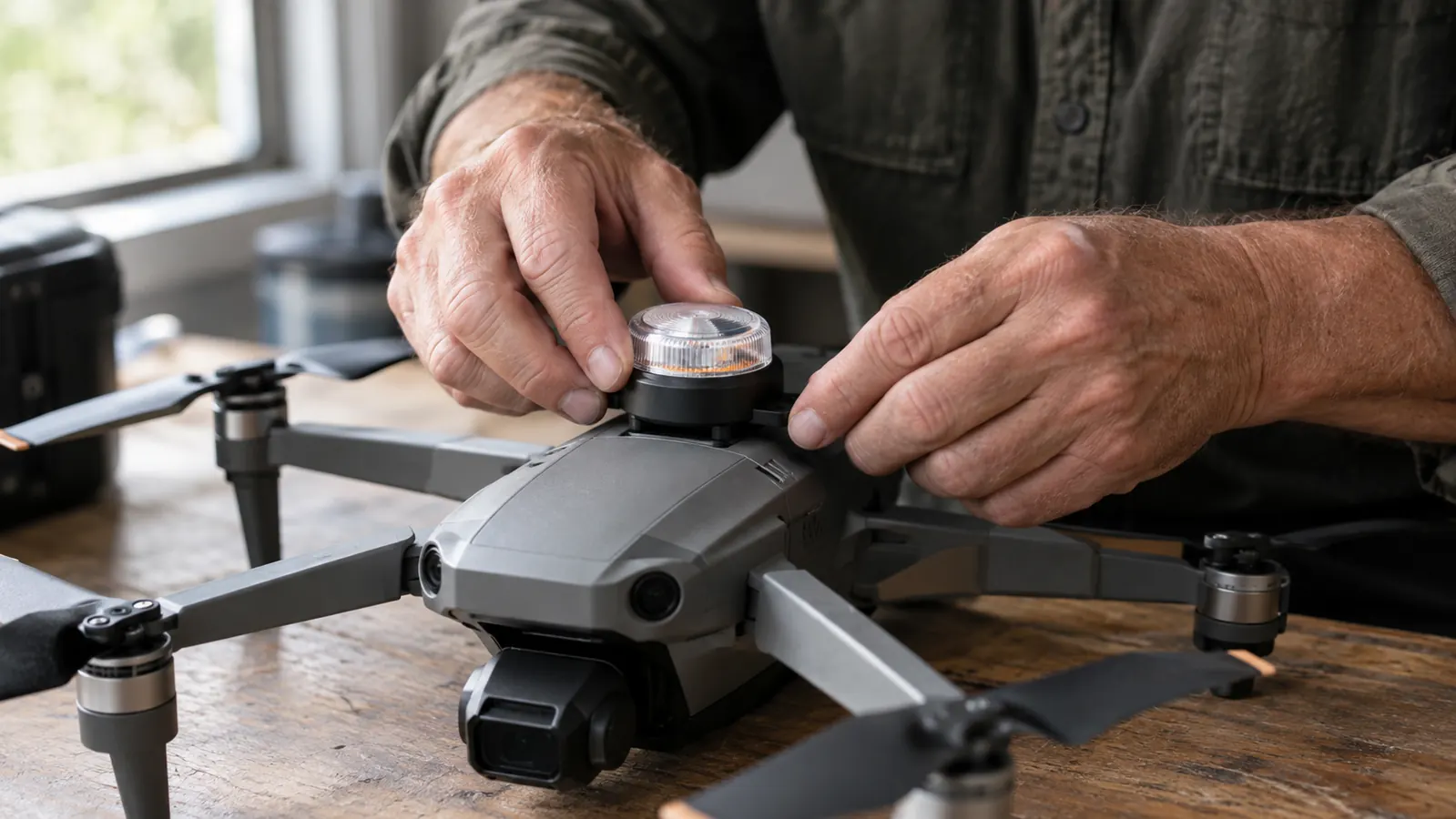Close-up of hands mounting a small strobe light onto a drone on a workbench