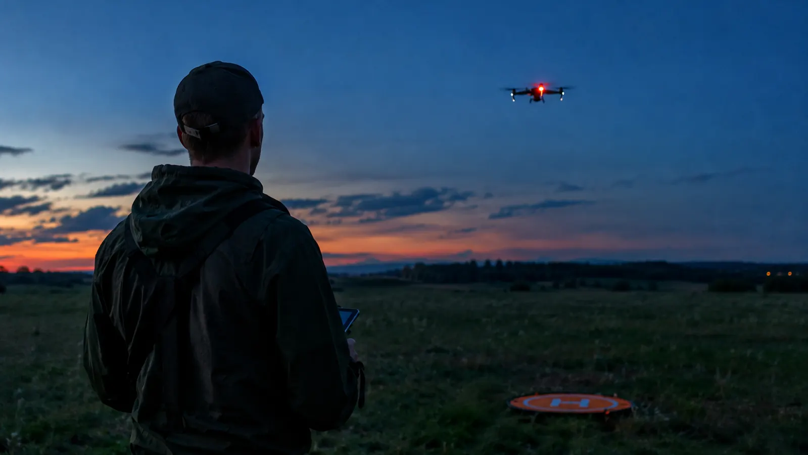 A pilot watching a drone with a blinking light against a darkening sky over a field
