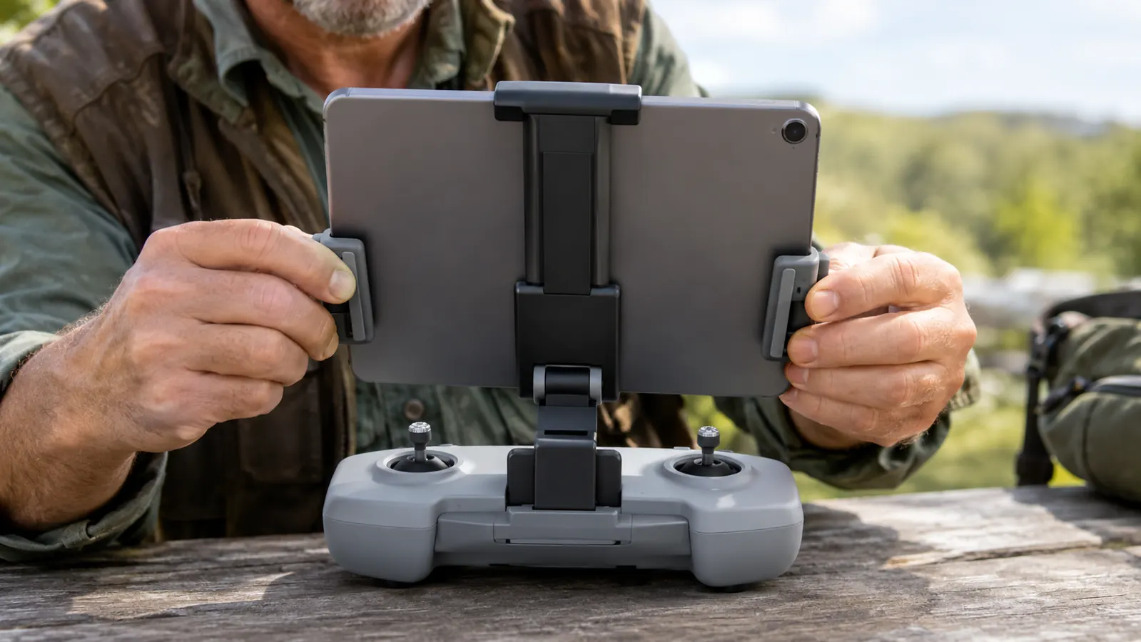 Hands adjusting a tablet holder on a drone controller with a tablet mounted and centered