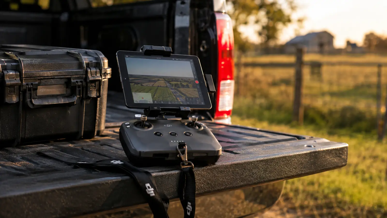A drone controller with a mounted tablet resting on a truck tailgate beside a hard case, a lanyard draped over the side