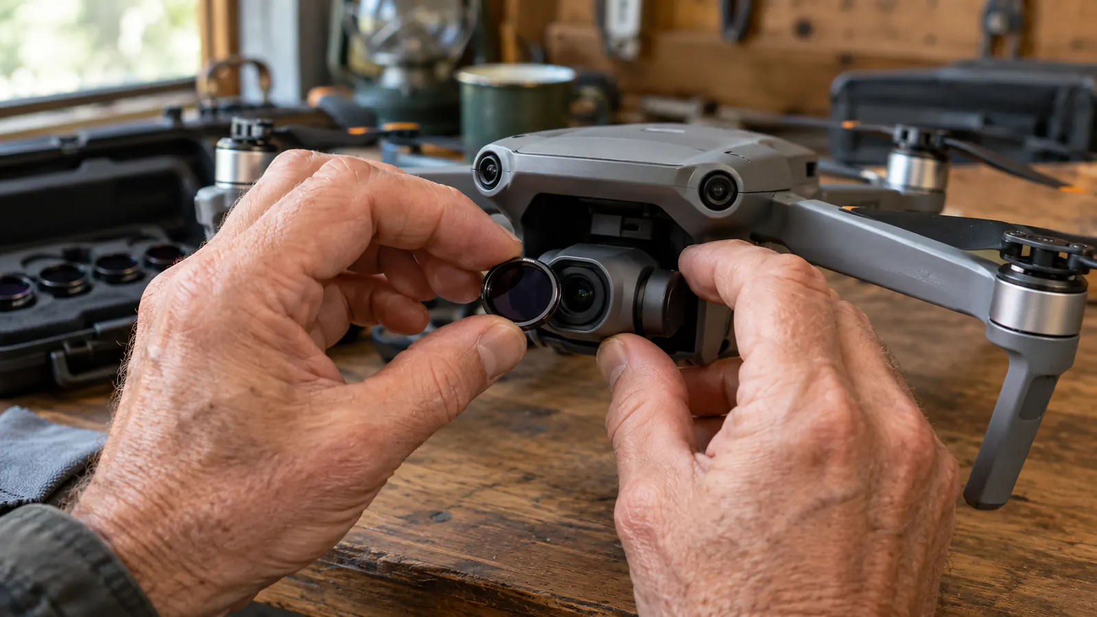 A pilot fitting a small filter onto a drone camera lens