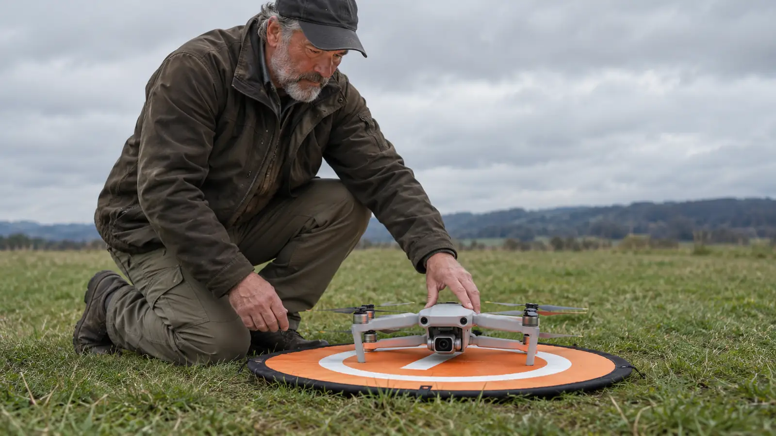 A pilot kneeling on short grass, setting a compact drone down on a landing pad