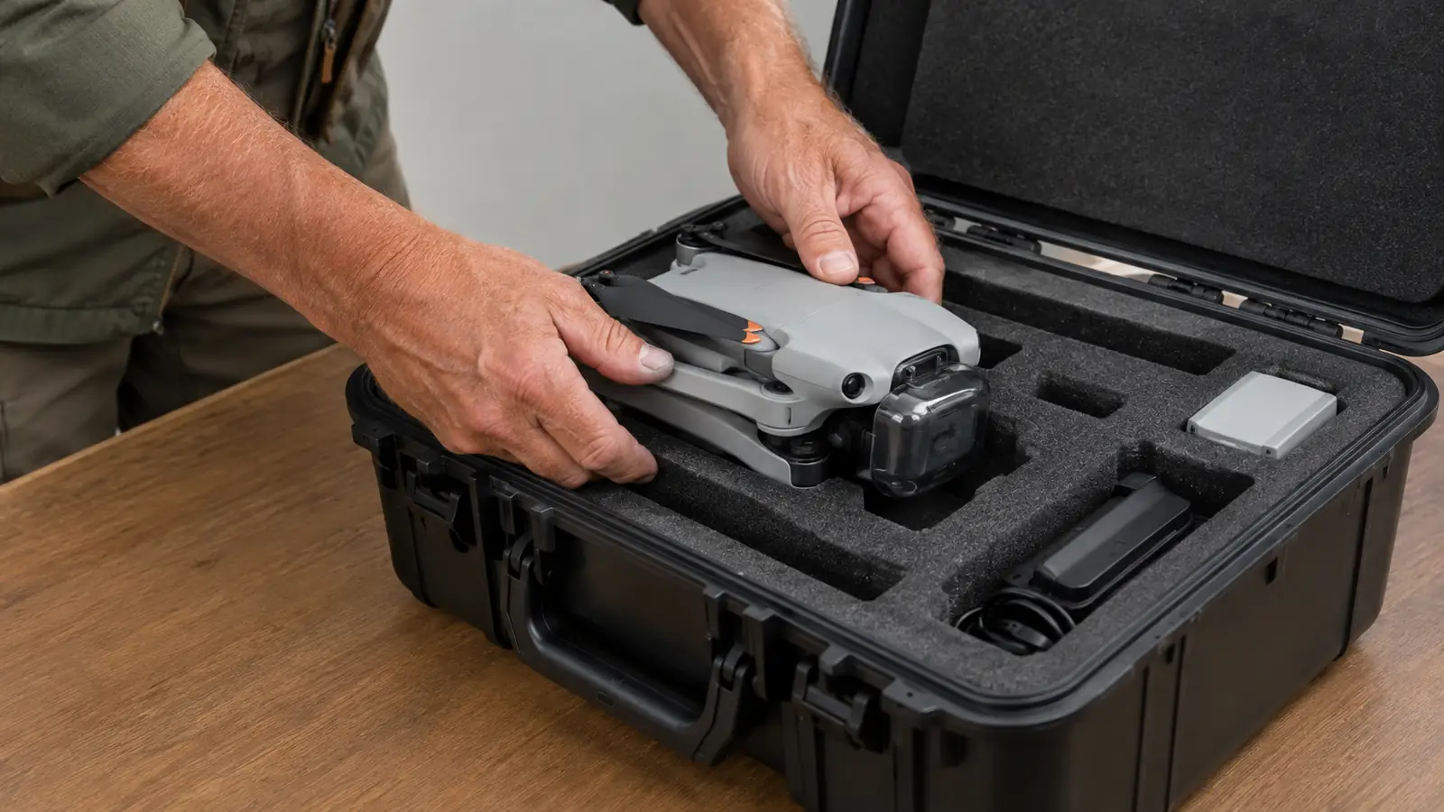 A pilot's hands fitting a drone into the foam cutout of a hard case before closing the lid