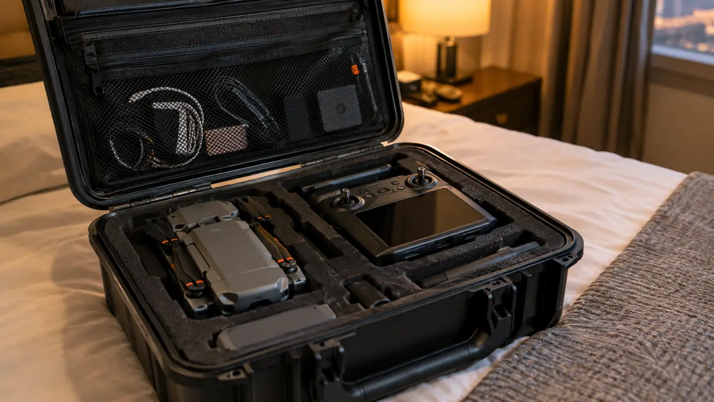 An open hard case packed for travel with cables and accessories tucked into the mesh pocket