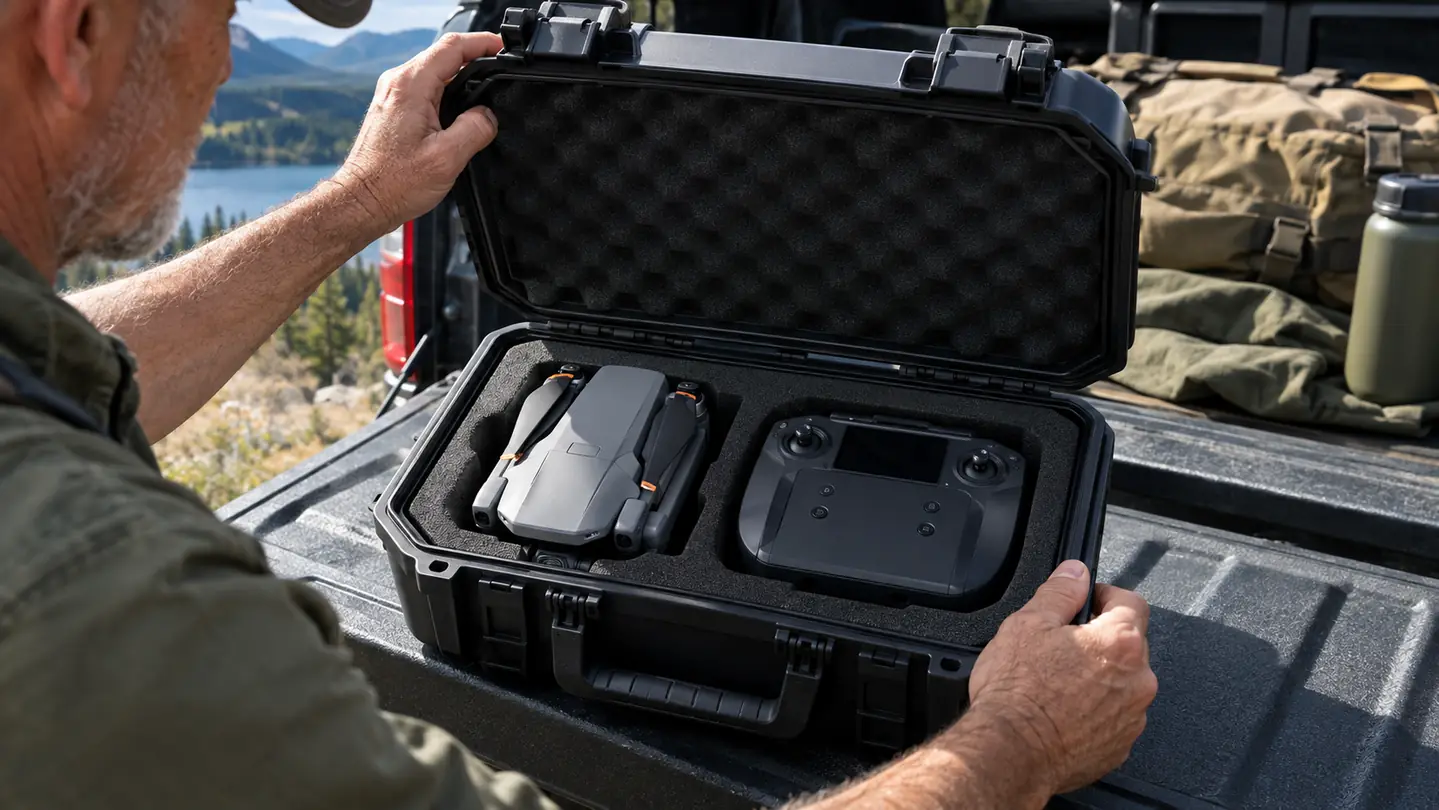 A pilot opening a hard shell drone case on a truck tailgate, the drone and controller nested in cut foam