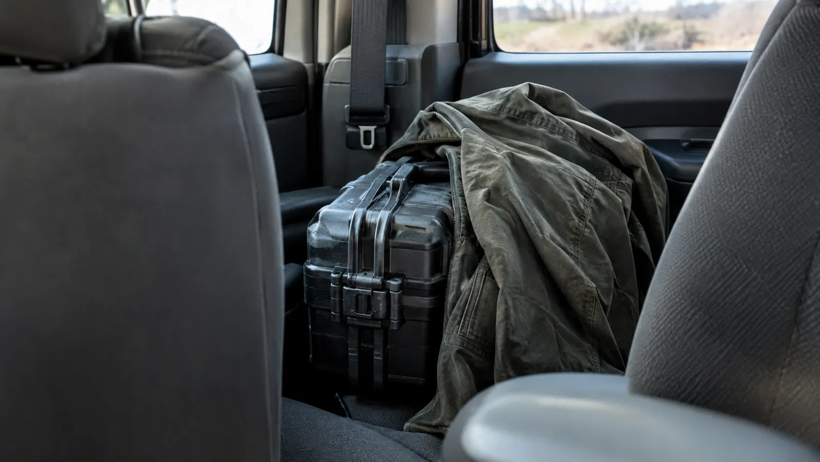 A hard shell drone case tucked behind the seat of a work truck