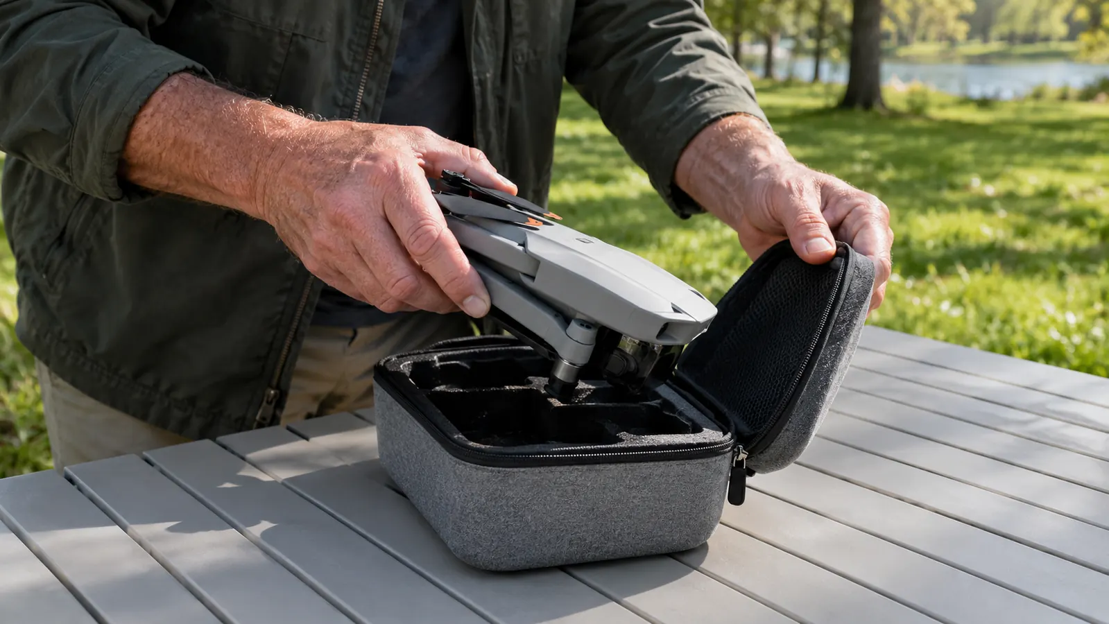 Hands unzipping a hard-shell drone case and lifting the drone out on a folding table