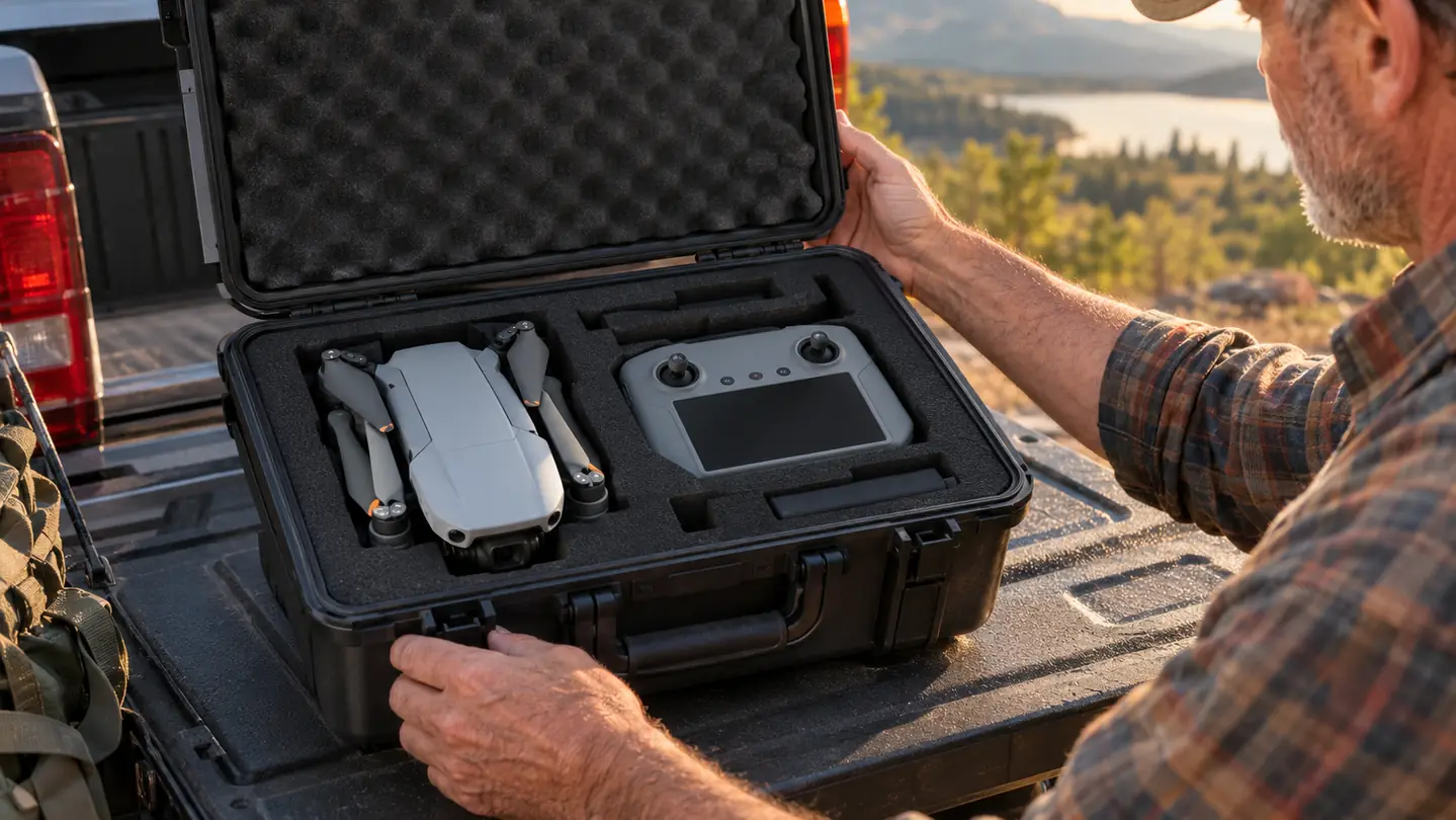 Open hard case on a pickup tailgate with the drone inside its foam cutout and the controller beside it