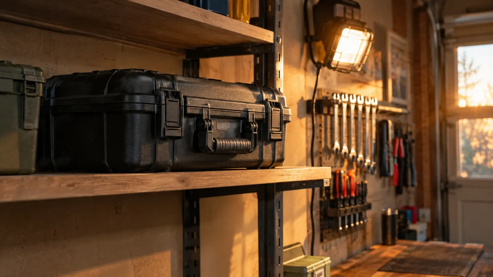 Hard case on a garage shelf above a workbench with tools on the wall behind it