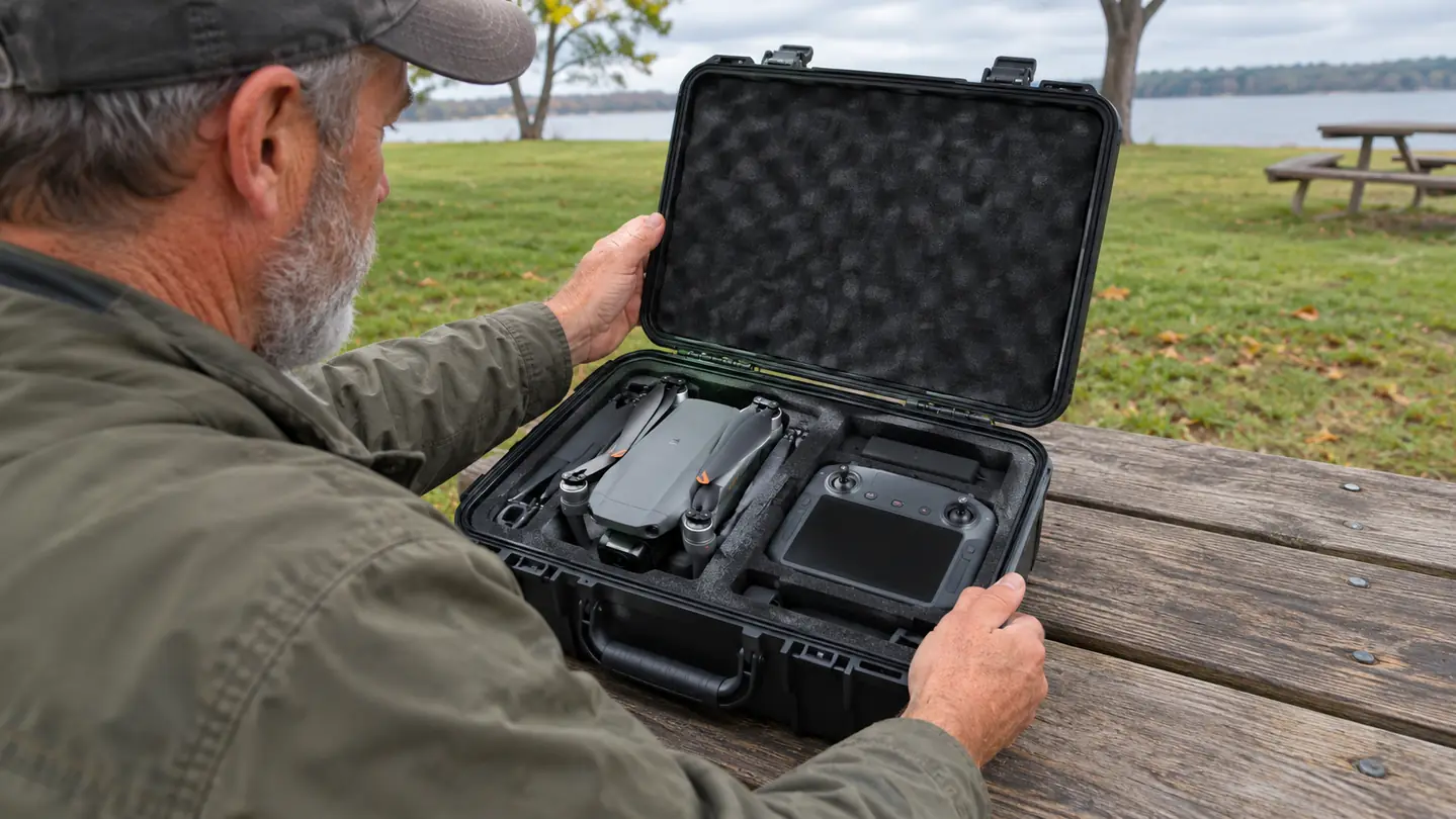 A pilot opening a hard shell drone case on a picnic table, with a drone and controller nested inside the foam