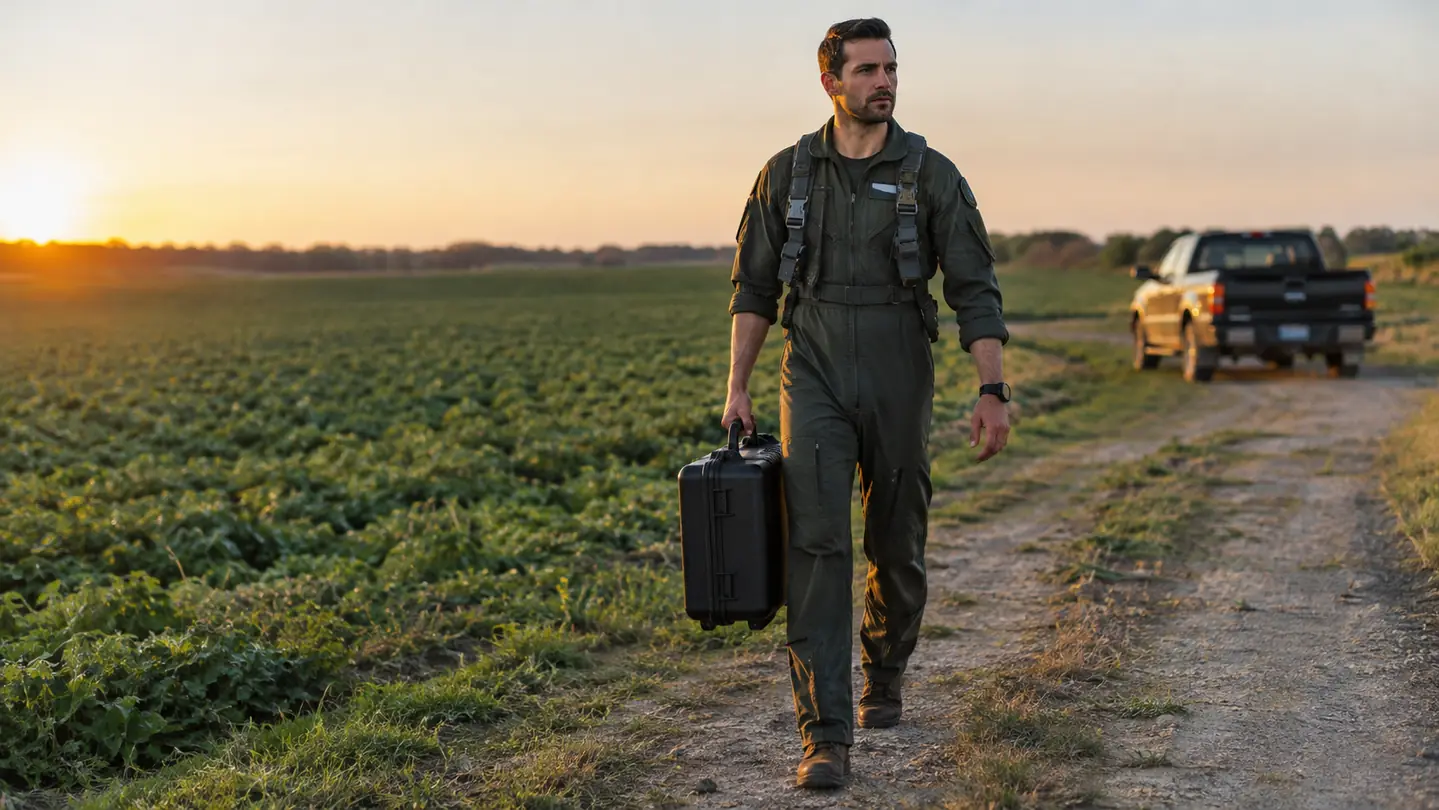 A pilot walking along a dirt path at the edge of a farm field, carrying a hard shell drone case by its handle