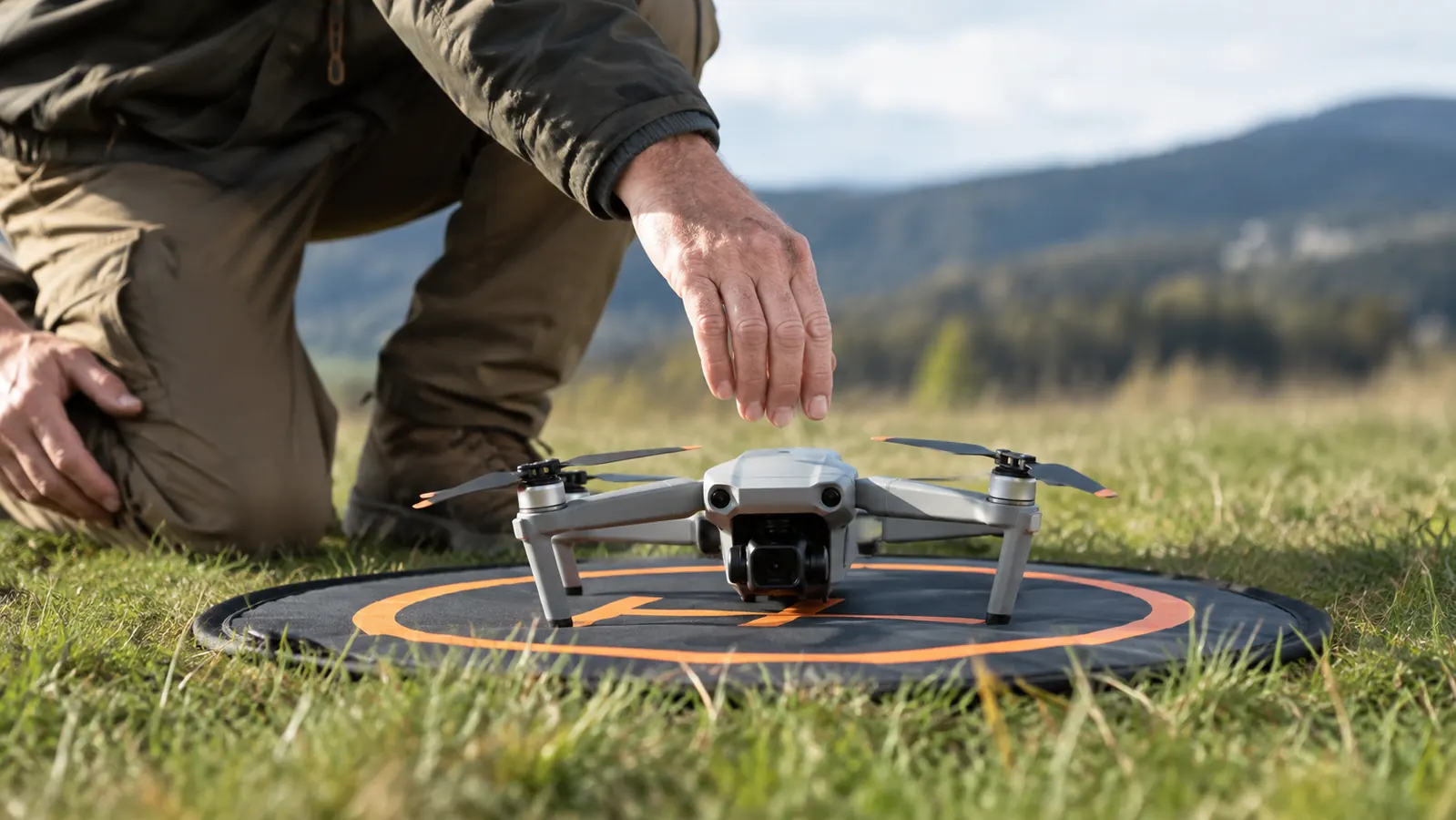 A drone resting on a landing pad in the grass with a pilot's hand reaching toward it.