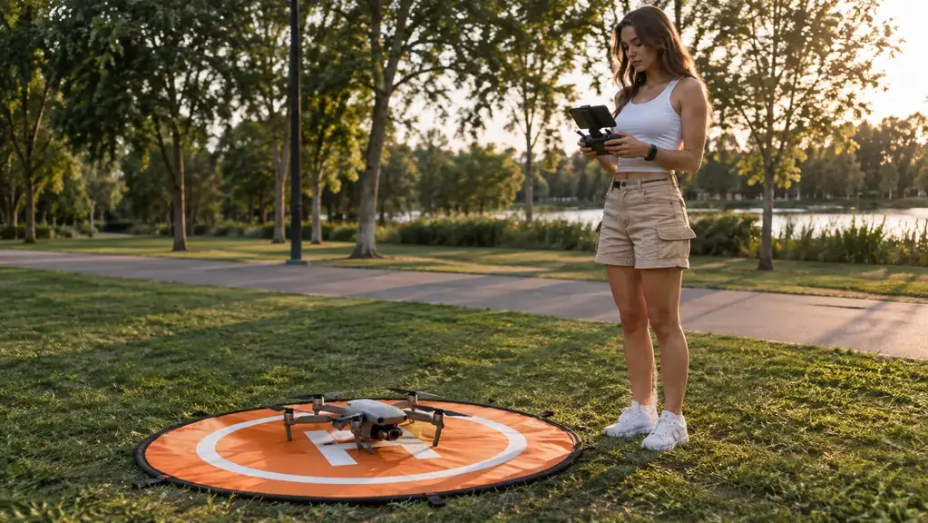 A drone on a landing pad in a park, with a pilot standing nearby holding a controller.