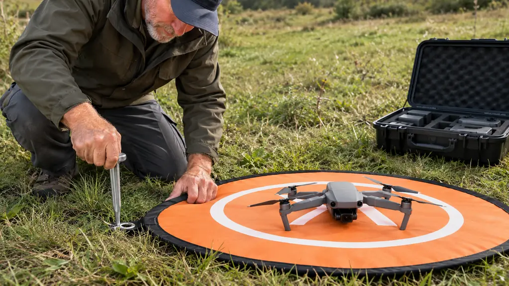A pilot pressing a stake through the edge of a landing pad on grass, with a drone waiting on the pad