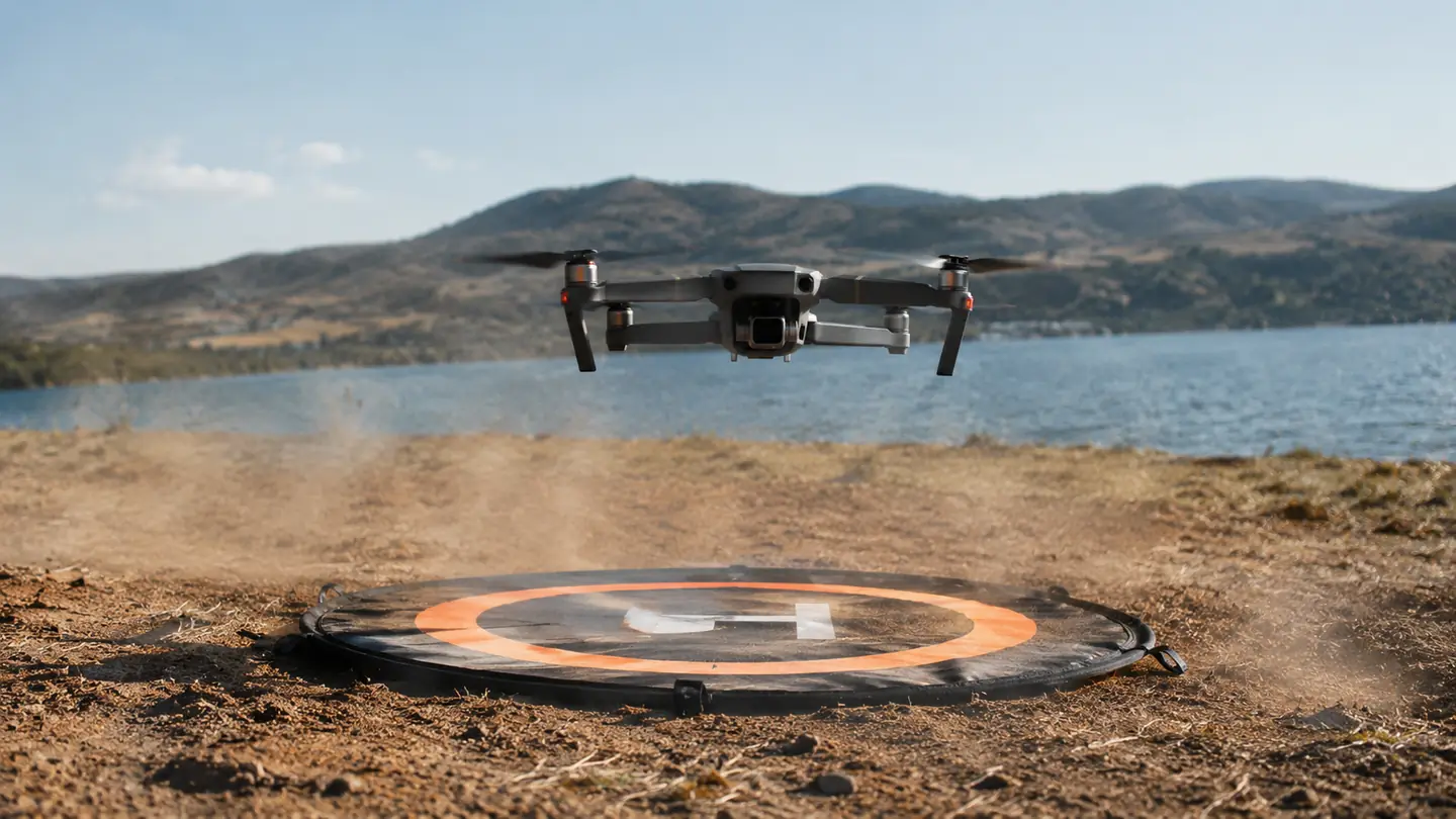 A drone hovering above a landing pad on a dry dirt field
