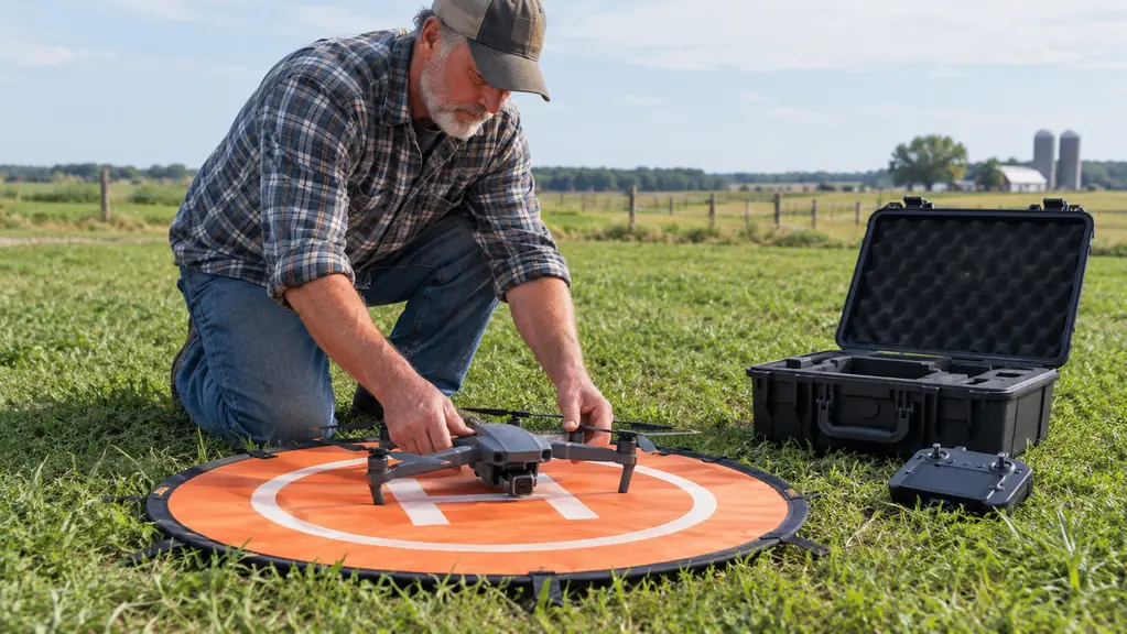 A pilot's hand placing a drone on a landing pad spread on a grassy field, an open hard case beside it