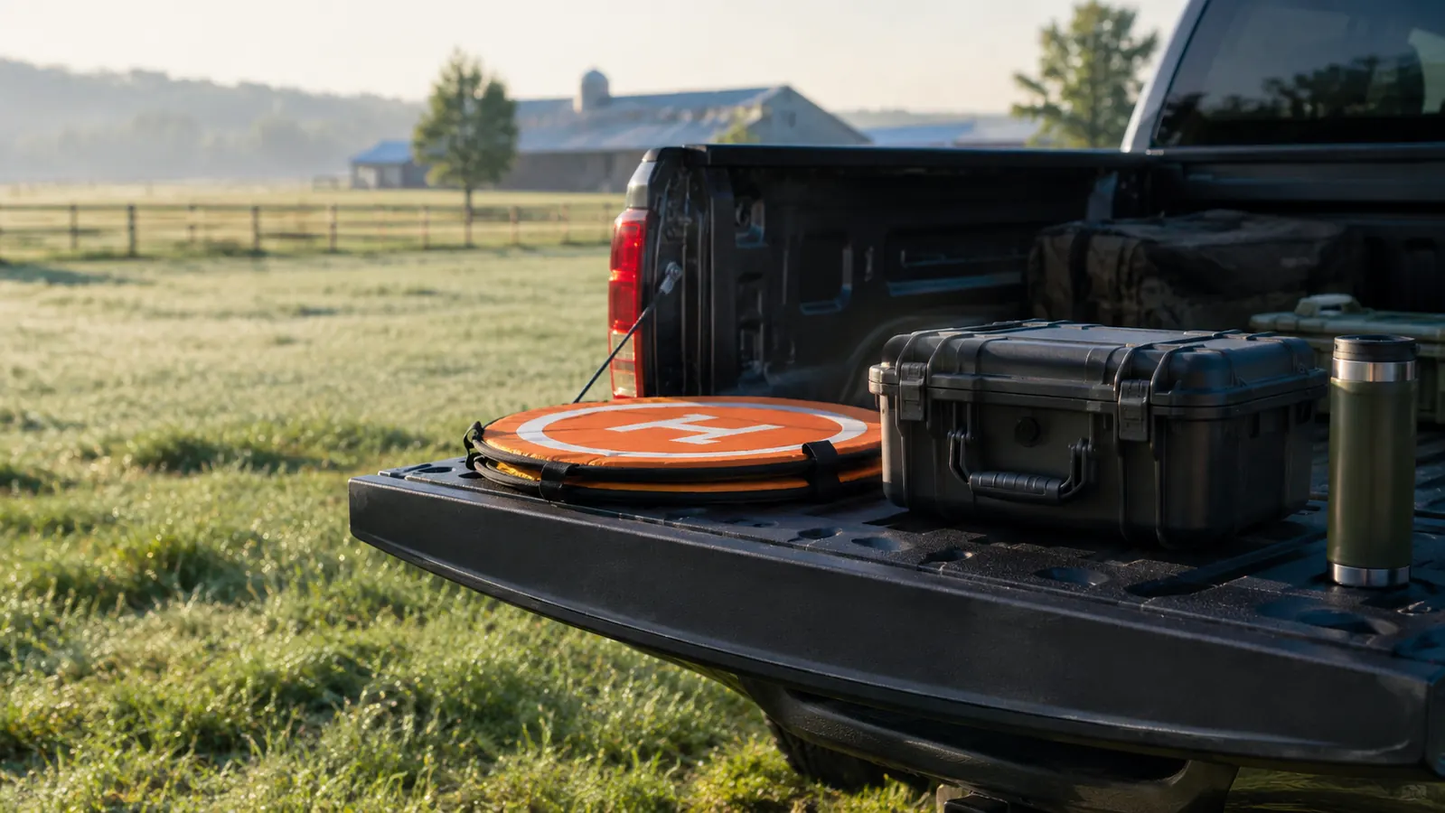A folded landing pad and a hard drone case on the open tailgate of a pickup truck at a farm field, morning light