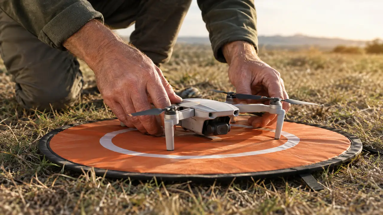 A pilot's hands placing a small camera drone onto a folding landing pad on dry grass