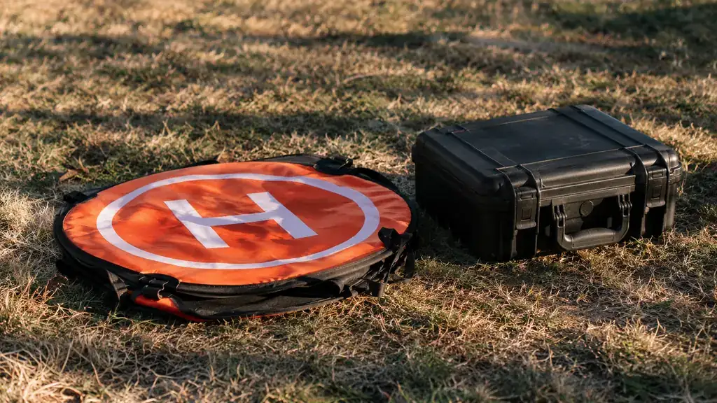 A folded landing pad lying on dry grass next to a hard carrying case