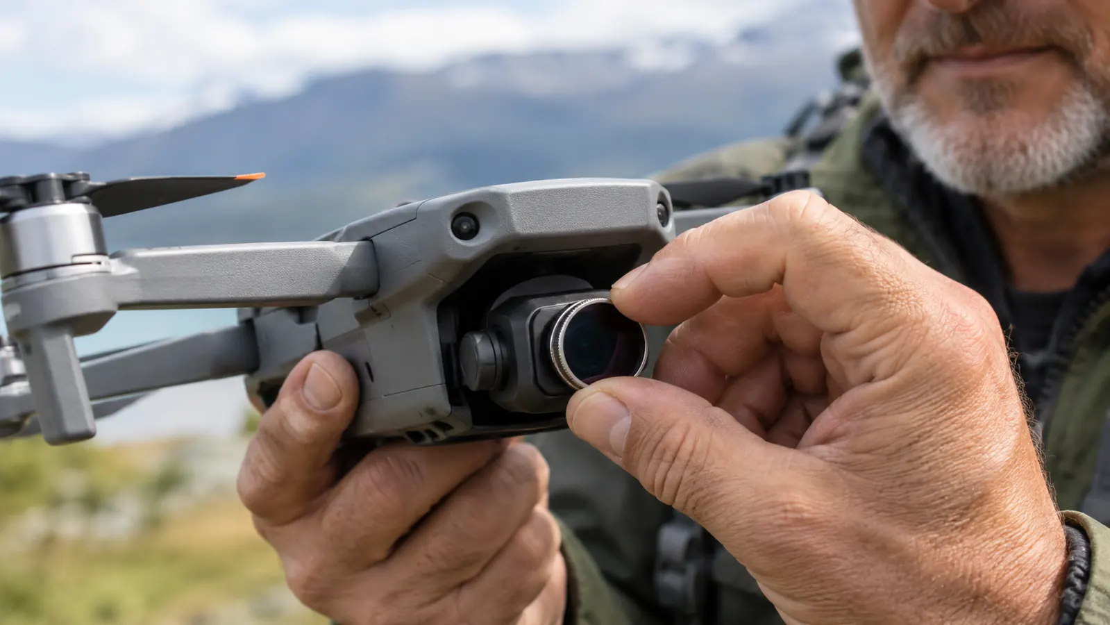 A hand fitting a small filter onto a drone camera lens outdoors.