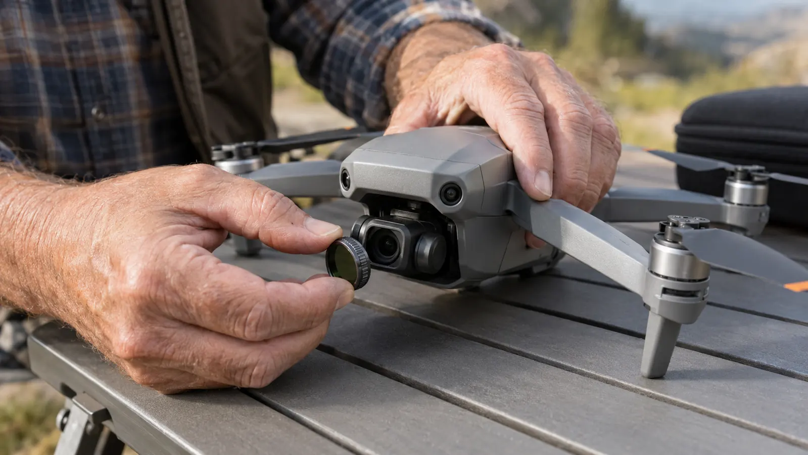a hand fitting a small filter to a drone camera lens