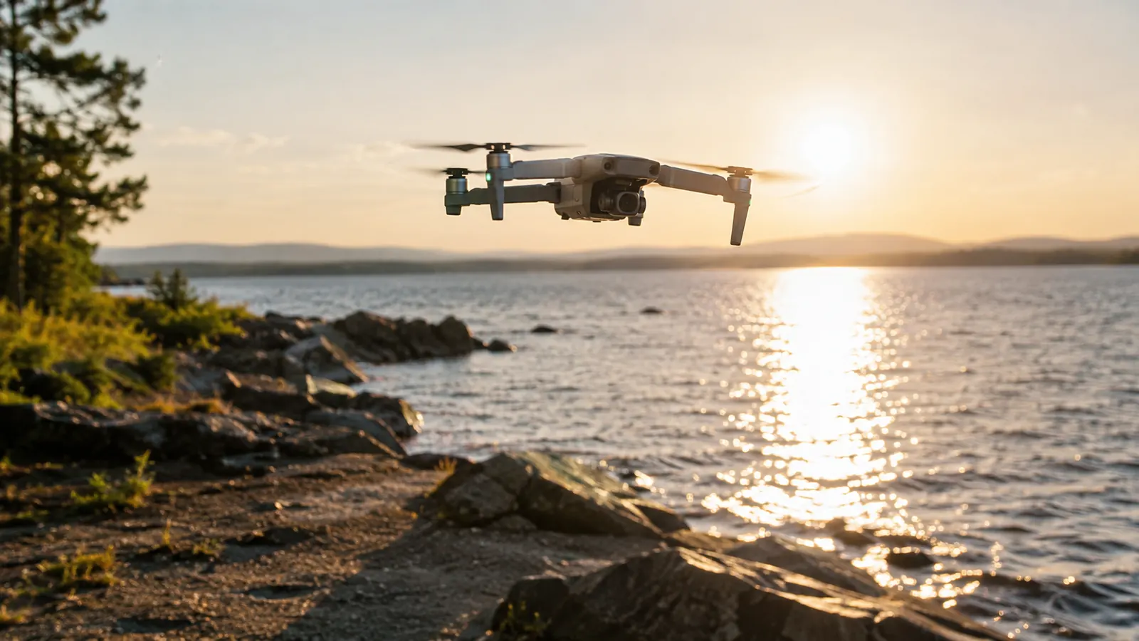 a small drone hovering over a lake with sunlight on the water