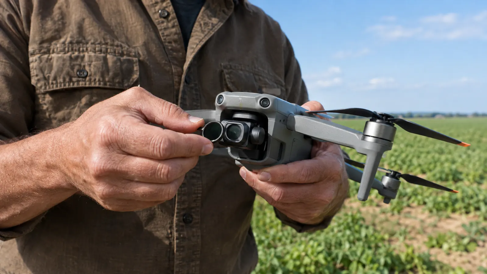 A pilot's hands fitting a small filter onto a drone camera lens outdoors