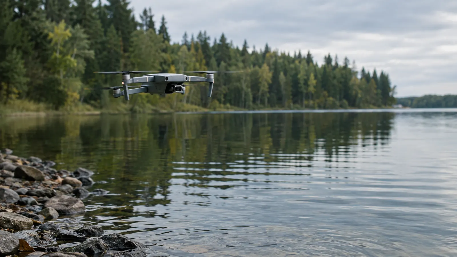 A compact drone flying low over a lake with a treeline reflected in the water