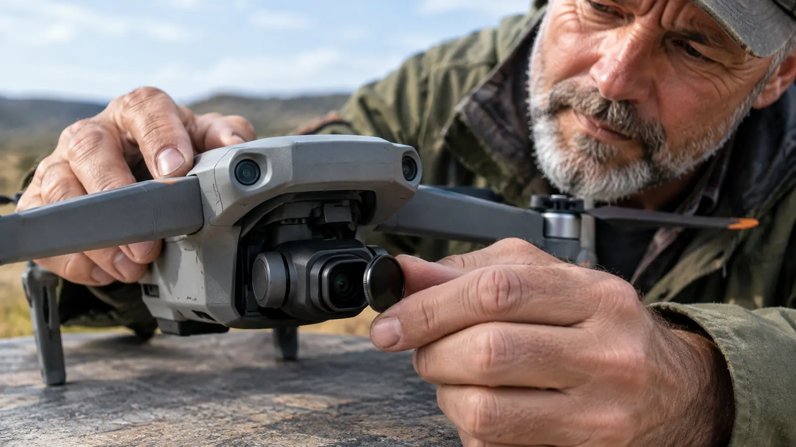 A pilot's hand fitting a small filter onto a drone camera lens before a flight