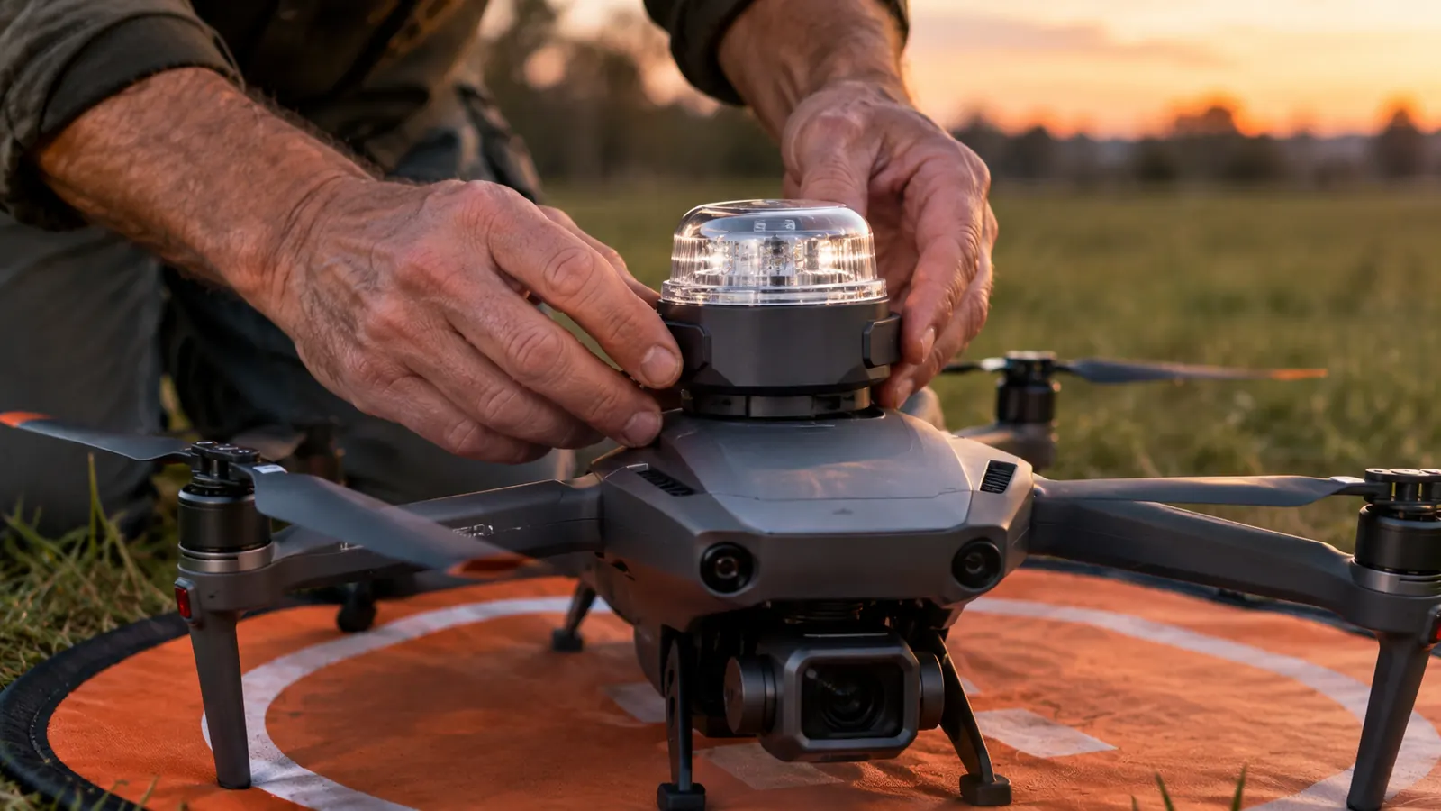 A close view of a small strobe light mounted on the top of a drone before takeoff
