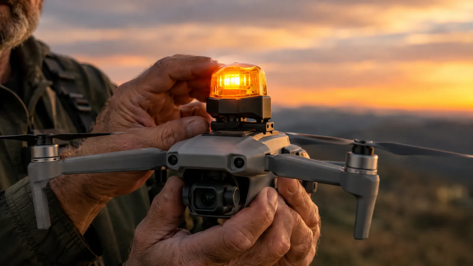 a small drone strobe light mounted on a compact drone held in a pilot's hand at dusk