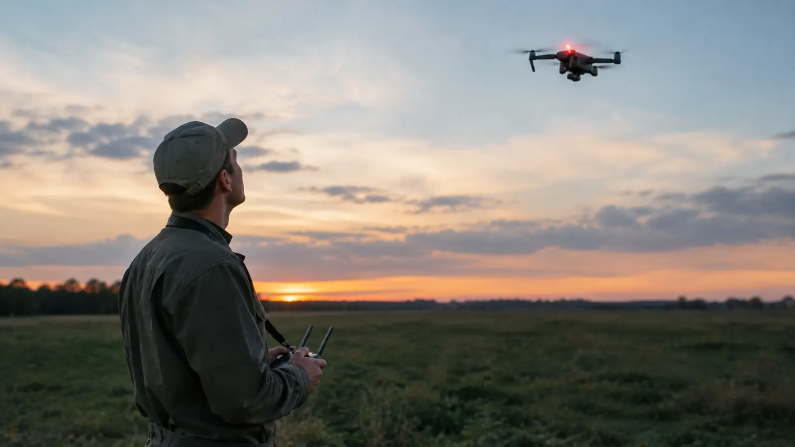 a pilot looking up at a drone with a blinking strobe over a farm field in the evening